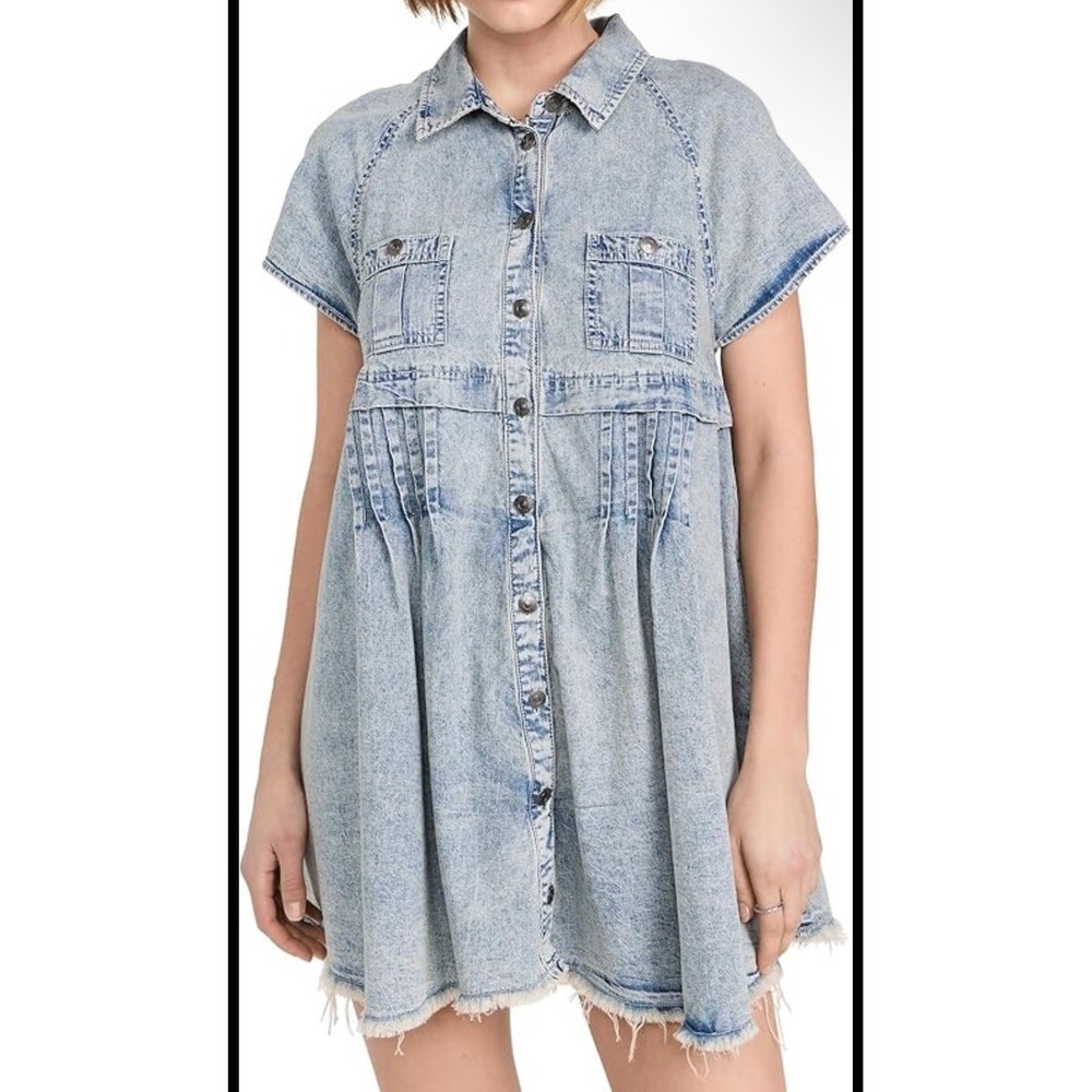 Free People Ronnie Denim Babydoll Mini Dress Size XL Blue 100% Cotton
